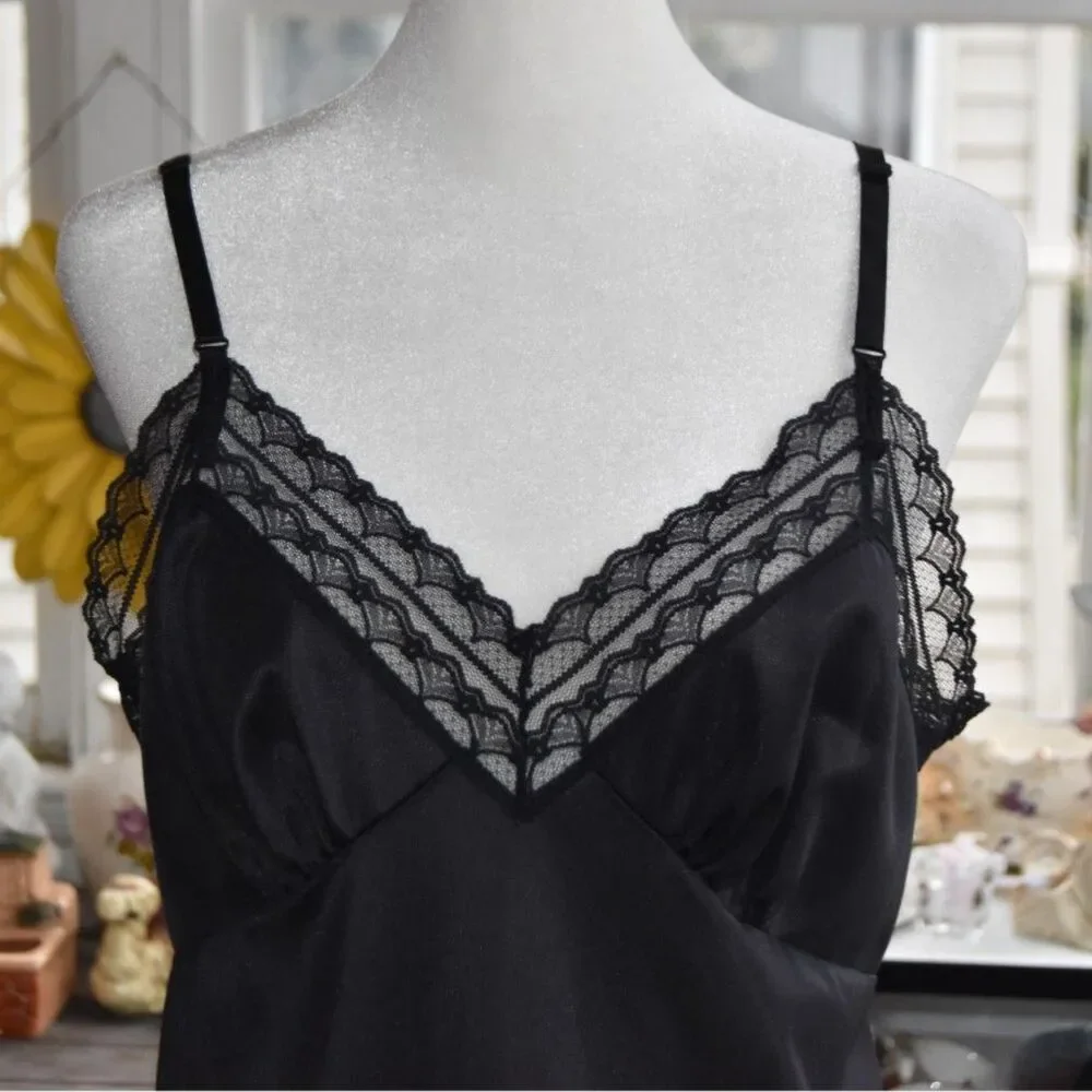 Vintage 80s Black Nylon Tricot Full Slip Lace Trim USA Sliperfection 40